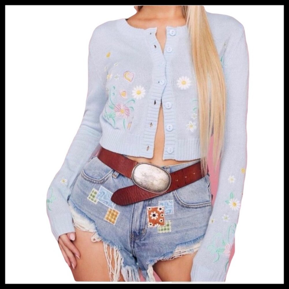 Dolls Kill Sugar Thrillz Coquette Flower Fields Embroidered Cardigan